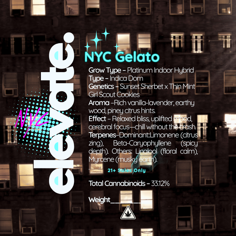 NYC Gelato Platinum Indoor Indica-Dom Hybrid THCa Flower - Elevate - Sky High Montgomery cincinnati