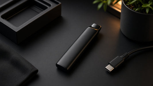 THCA disposable vape with USB-C charger on a desk.