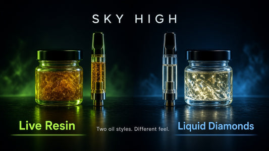 Dark cinematic Sky High split of live resin and liquid diamonds jars and carts with neon lime and ice blue glow.