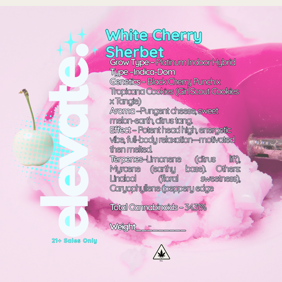 White Cherry Sherbet Platinum Indoor Indica-Dom Hybrid THCaFlower - Elevate - Sky High Montgomery cincinnati