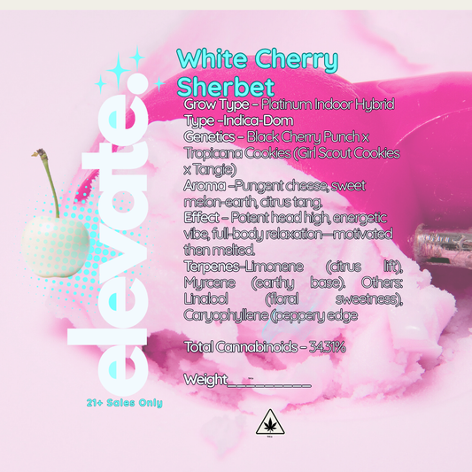 White Cherry Sherbet Platinum Indoor Indica-Dom Hybrid THCaFlower - Elevate - Sky High Montgomery cincinnati