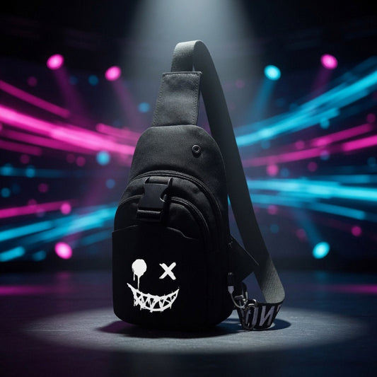 Luminous smiley sling — black bag, white smile