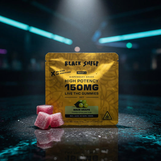 bks-live-thc-gummy-sour-grape-indica-3ct — Sky High neon packshot