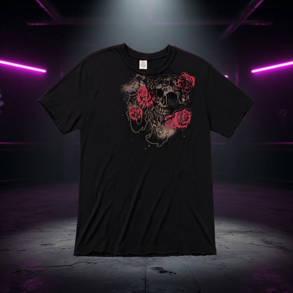 distressed-skull-roses-vintage-washed-black-t-shirt — Sky High neon packshot