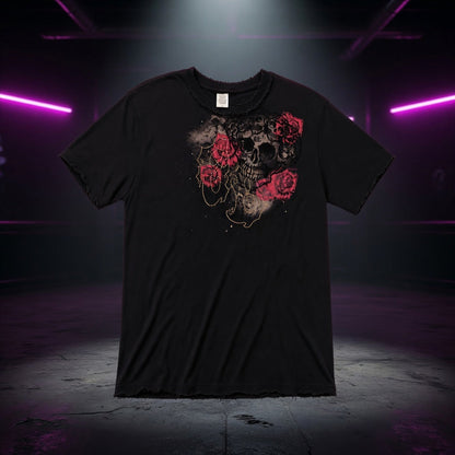 distressed-skull-roses-vintage-washed-black-t-shirt — Sky High neon packshot