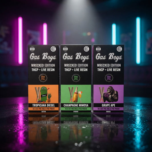 gas boys wrecked edition exotic flower thcp prerolls — club packshot