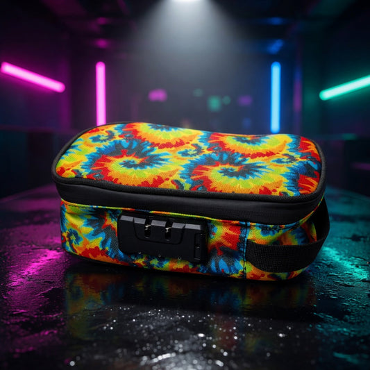 tie dye smell proof combination lock stash bag with padded pockets — club packshot